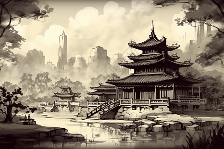 传统中式建筑插画图片