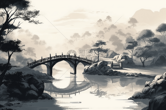 中式水墨风景插画图片