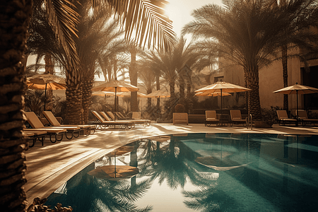 游泳池边的棕榈树图片