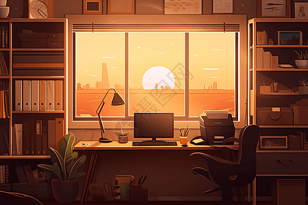 夕阳下的家庭办公室图片
