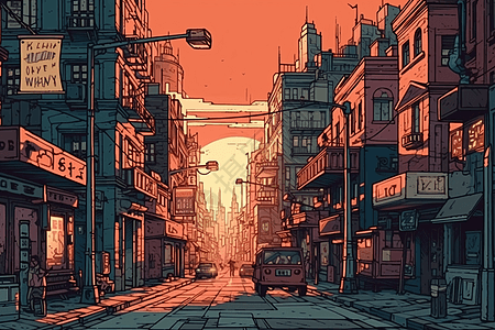 复古街道的夕阳背景图片