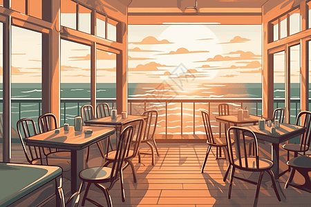酒店餐饮可以看日落海景餐厅插画