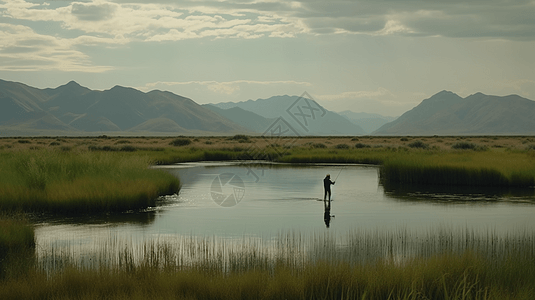 渔夫在宁静的湿地图片