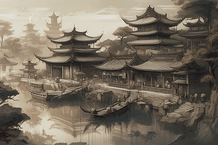 中国风水墨建筑画图片