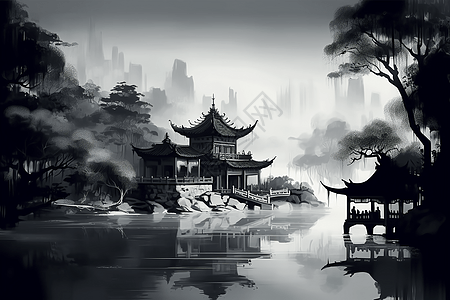 水墨中国建筑背景图片