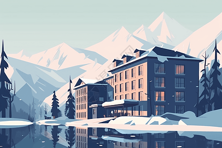 滑雪度假酒店插画图片