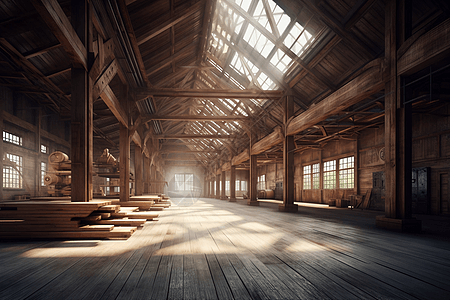 木制工厂3D渲染图图片