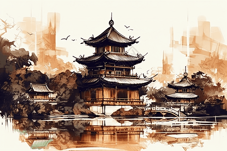 中国传统建筑水墨画背景图片