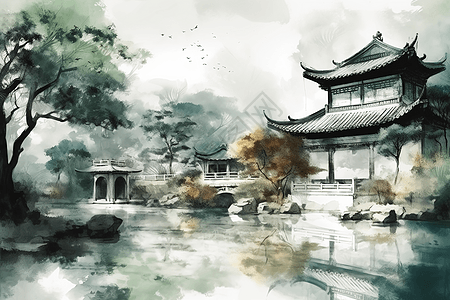 水墨画风格中国传统园林图片