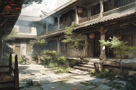 盛开鲜花的中国宫殿庭院背景图片