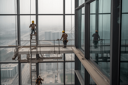 建设者清洗玻璃的高空作业者背景