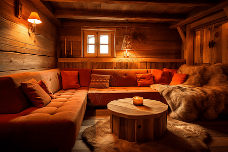 冬季小屋中的毛绒沙发图片