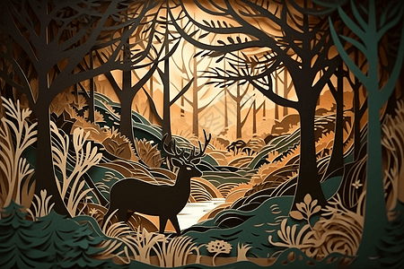 剪纸艺术树林小鹿图片