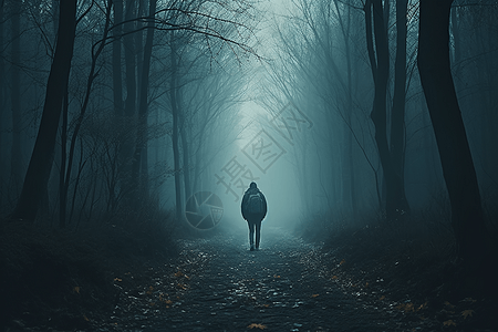 一个人在迷雾笼罩的森林中行走图片