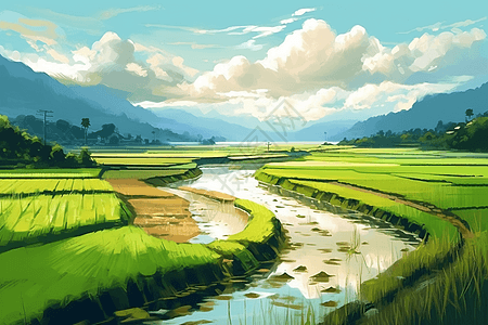 晴空万里的稻田背景图片