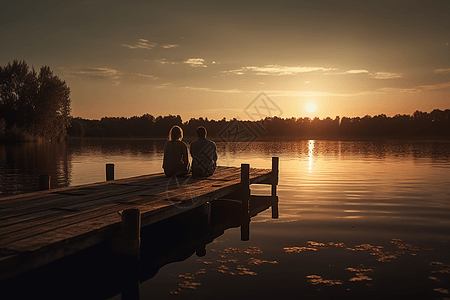 湖边的情侣夕阳下的湖边码头情侣背影背景