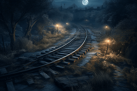 月光下神秘火车轨道图片