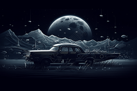 插画风月球汽车图片