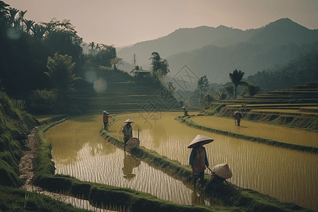 妇女在水稻的稻田边干活图片