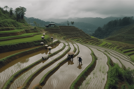 妇女在山上种植水稻图片