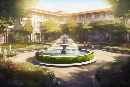 宁静的大型酒店喷泉花园风景图片