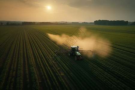 日落时拖拉机向绿色大豆种植园喷洒农药高清图片