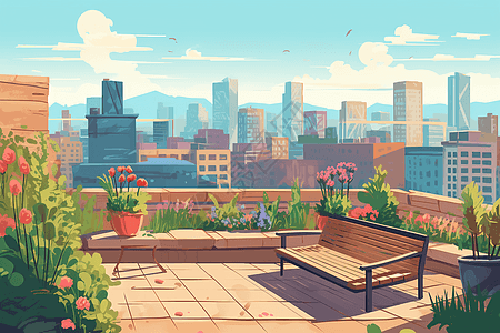 高清城市卡通风格酒店屋顶花园的平面插图插画