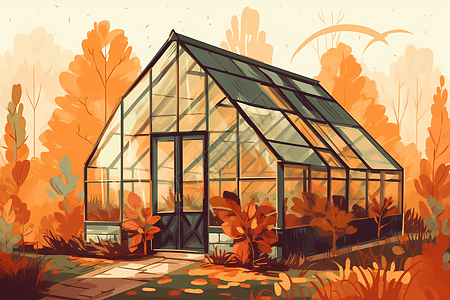 秋天的温室插画图片