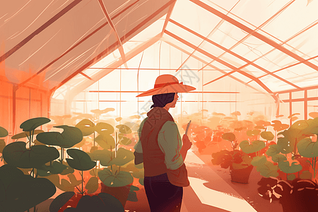 一个农民控制温室的温度湿度平面插画图片