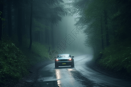 汽车转弯穿过薄雾和雨水汽车行驶在道路中背景