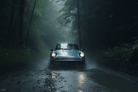 汽车行驶在雨林的道路中图片