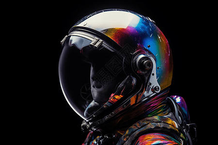 彩虹反射宇航员的头盔在黑暗中反射出彩虹设计图片