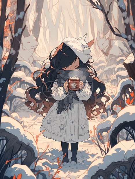 冬天森林里的小女孩拿着茶取暖图片