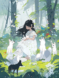 清新森林小女孩坐在草地上与动物嬉戏图片