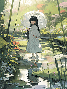 春天拿着雨伞的小女孩与盛开的鲜花背景图片