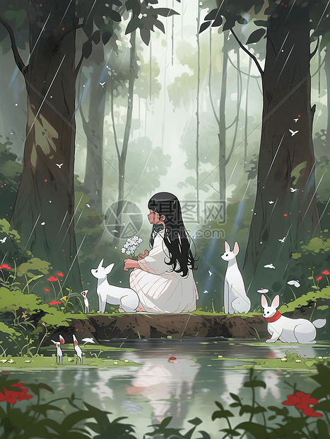 春天多雨的森林小女孩坐在草地上图片