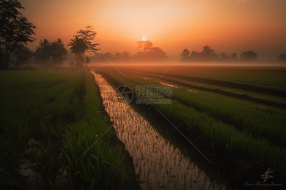黎明的郁郁葱葱稻田图片