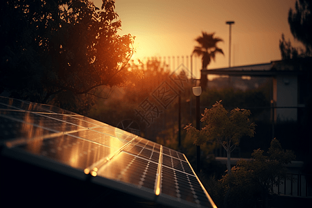 夕阳下住宅屋顶上的太阳能新能源电池板图片