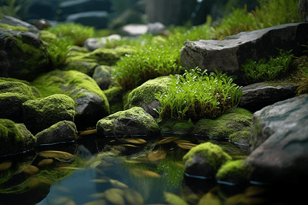 池塘中的水生植物和岩石图片