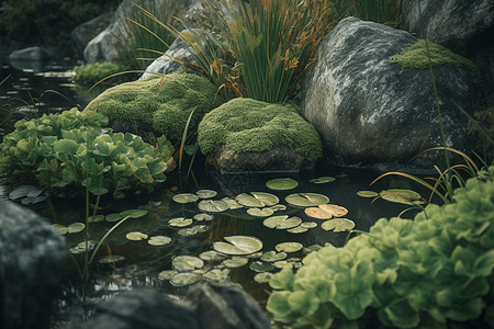 池塘中的水生植物和岩石图片