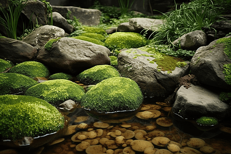 池塘中的水生植物和岩石图片