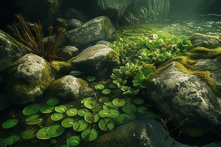 池塘中的水生植物和岩石图片