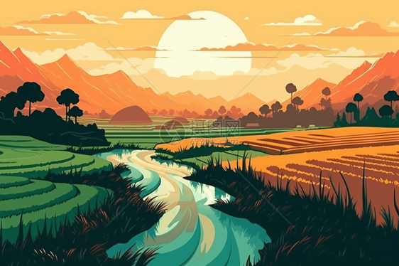 日落下的稻田美景图片