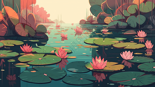 竹树环绕的池塘的宁静景象，表面漂浮着五颜六色的荷花和百合垫。插图。图片