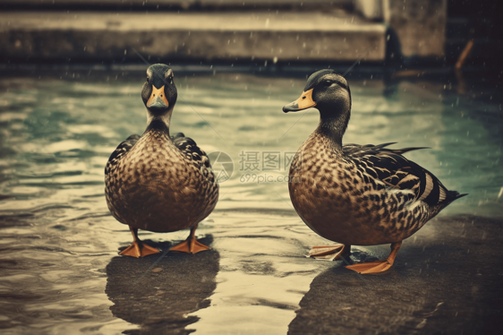 两只鸭子在池塘里图片