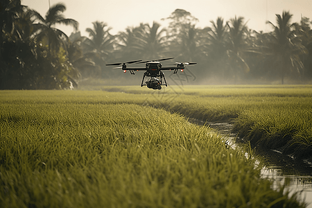 一架无人机在稻田上喷洒农药图片
