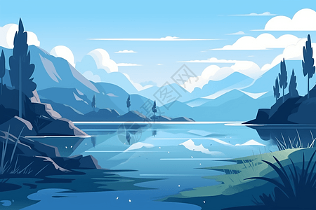 蓝天白云山脉湖泊图片