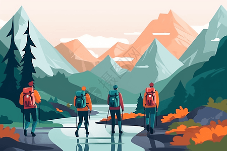 背包爬山一群朋友在山里徒步旅行插画