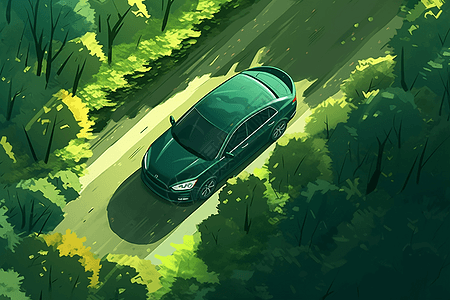 穿越树林的绿色汽车图片