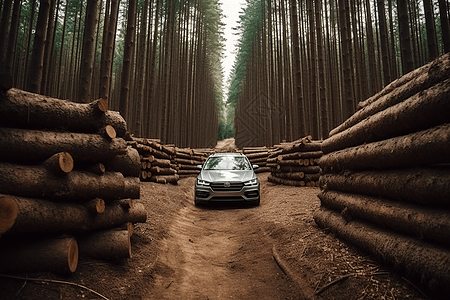 汽车行驶在树林小路上图片